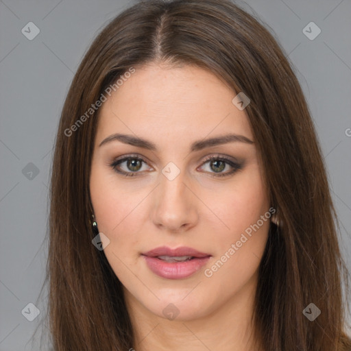 Neutral white young-adult female with long  brown hair and brown eyes