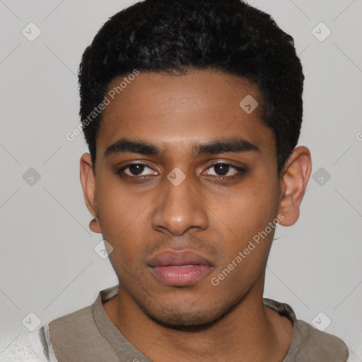 Neutral latino young-adult male with short  black hair and brown eyes