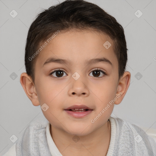 Joyful white child female with short  brown hair and brown eyes