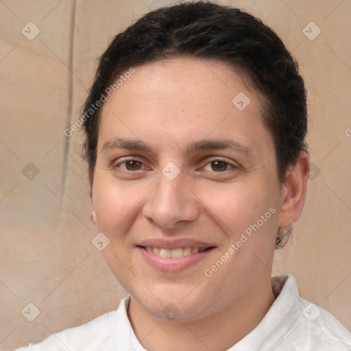 Joyful white young-adult female with short  brown hair and brown eyes