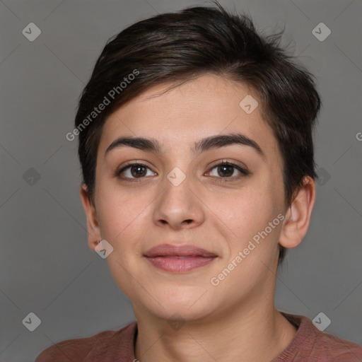 Joyful white young-adult female with short  brown hair and brown eyes