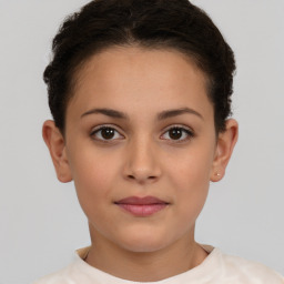 Neutral white young-adult female with short  brown hair and brown eyes