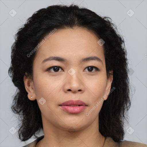 Neutral asian young-adult female with medium  brown hair and brown eyes