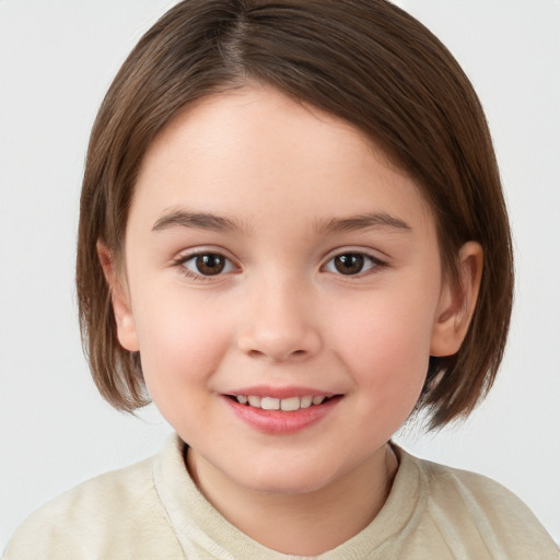 Joyful white child female with medium  brown hair and brown eyes