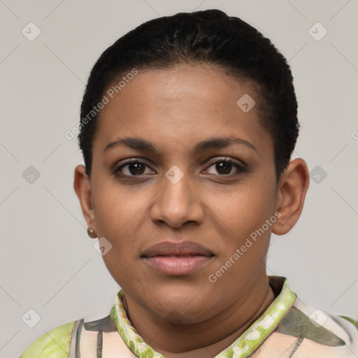 Joyful latino young-adult female with short  brown hair and brown eyes