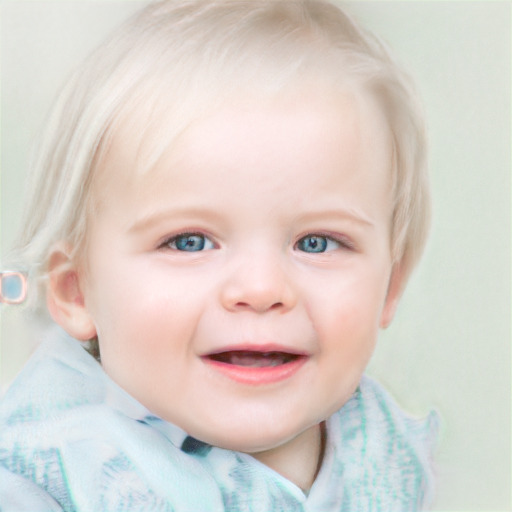 Joyful white child female with short  blond hair and blue eyes