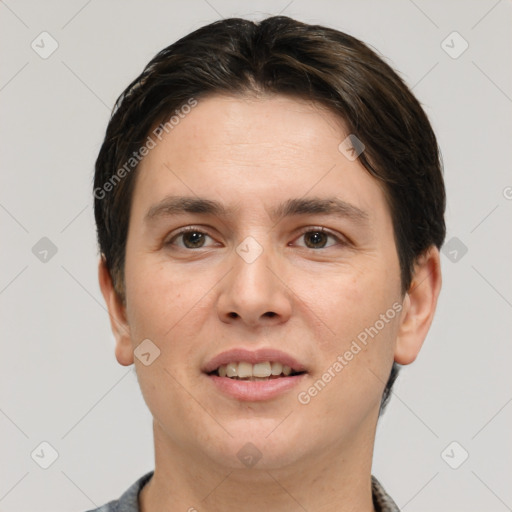 Joyful white young-adult female with short  brown hair and brown eyes