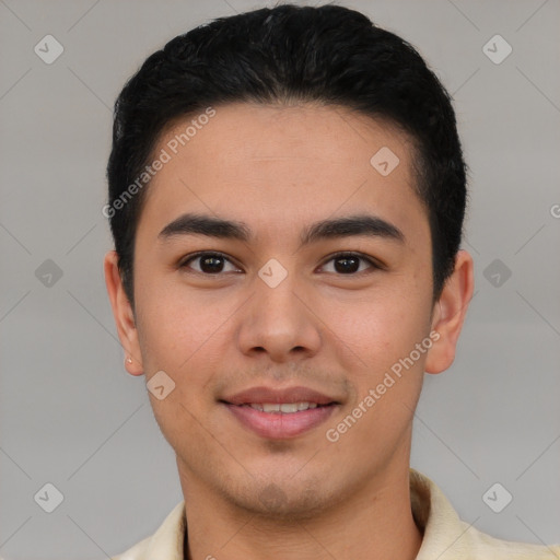 Joyful latino young-adult male with short  brown hair and brown eyes