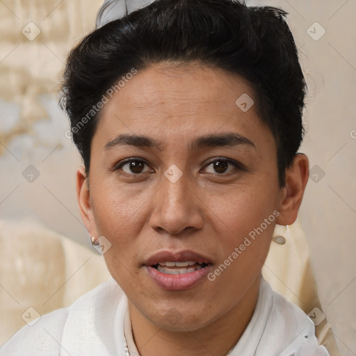 Joyful white adult female with short  brown hair and brown eyes