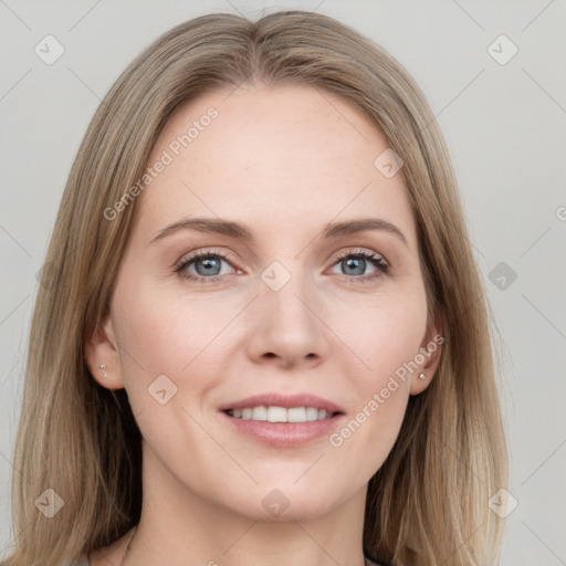 Joyful white young-adult female with long  brown hair and grey eyes