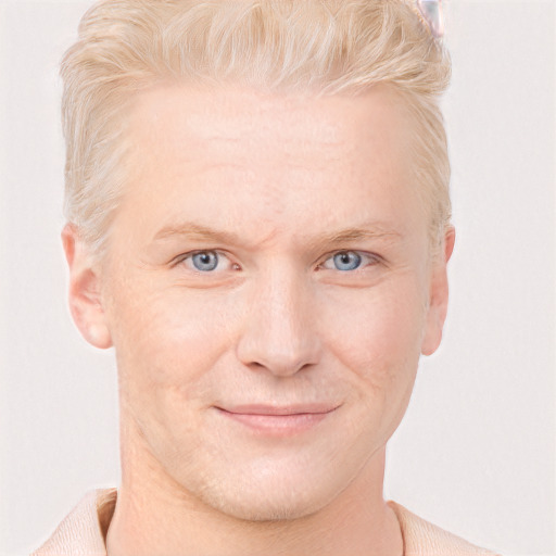 Joyful white adult male with short  blond hair and blue eyes