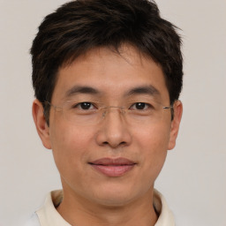 Joyful asian adult male with short  brown hair and brown eyes