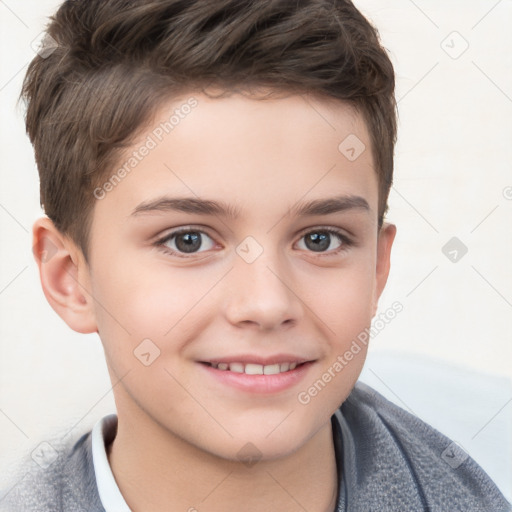 Joyful white child male with short  brown hair and brown eyes