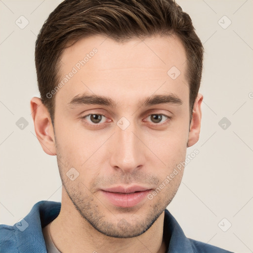 Neutral white young-adult male with short  brown hair and grey eyes