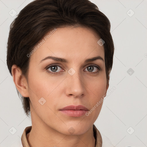 Neutral white young-adult female with short  brown hair and brown eyes