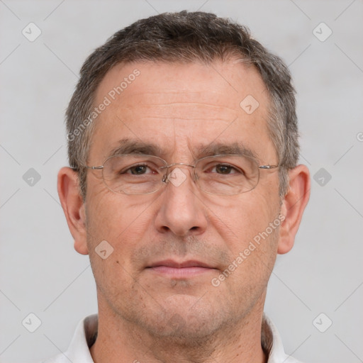 Neutral white middle-aged male with short  brown hair and brown eyes