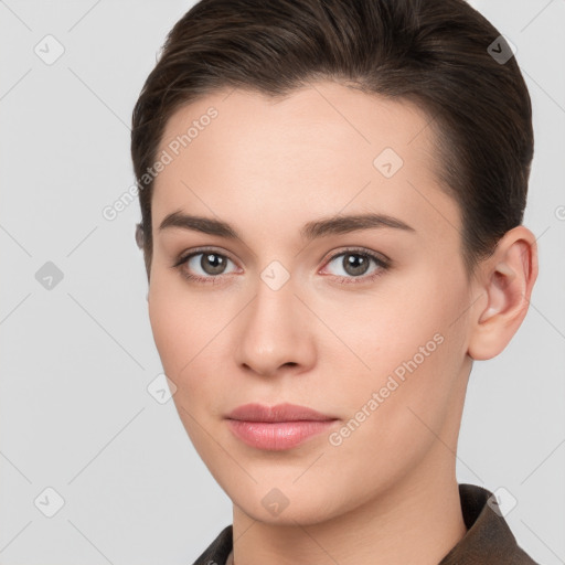 Neutral white young-adult female with short  brown hair and brown eyes