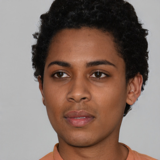 Neutral black young-adult female with short  black hair and brown eyes