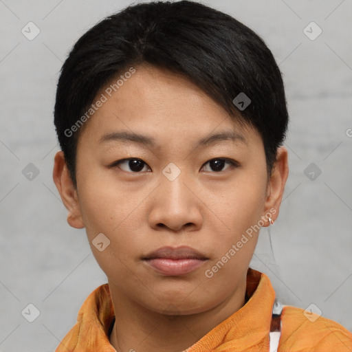 Neutral asian young-adult female with short  brown hair and brown eyes