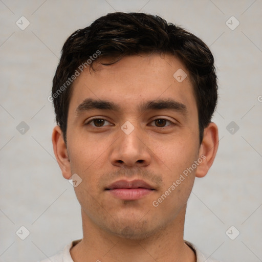 Neutral white young-adult male with short  brown hair and brown eyes