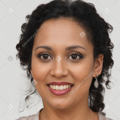 Joyful latino young-adult female with long  brown hair and brown eyes