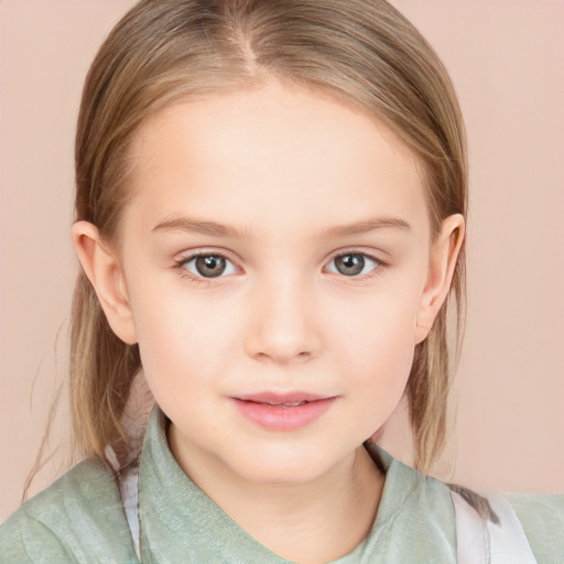 Neutral white child female with medium  brown hair and grey eyes