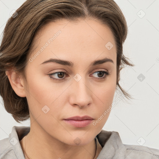 Neutral white young-adult female with medium  brown hair and grey eyes