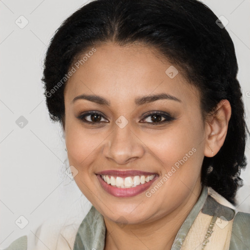 Joyful latino young-adult female with long  brown hair and brown eyes