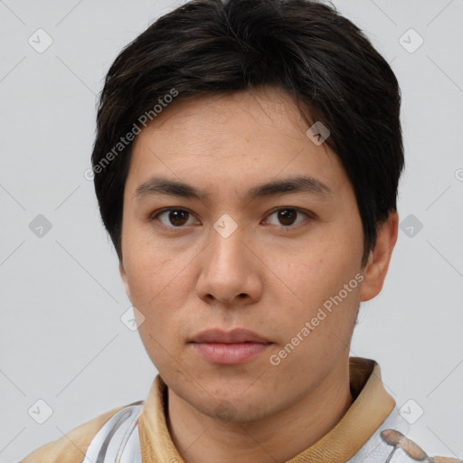 Neutral asian young-adult male with short  brown hair and brown eyes