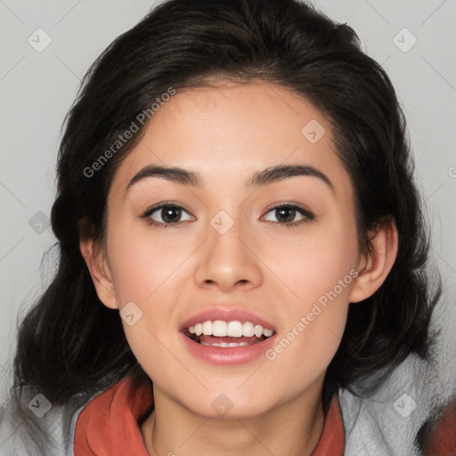 Joyful white young-adult female with medium  black hair and brown eyes