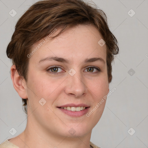 Joyful white young-adult female with short  brown hair and grey eyes