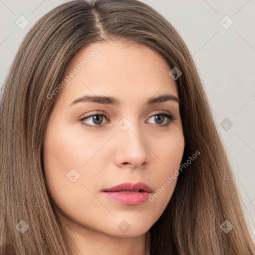 Neutral white young-adult female with long  brown hair and brown eyes