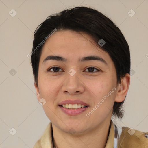 Joyful latino young-adult female with medium  brown hair and brown eyes