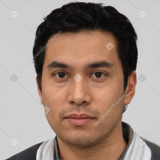 Neutral asian young-adult male with short  black hair and brown eyes