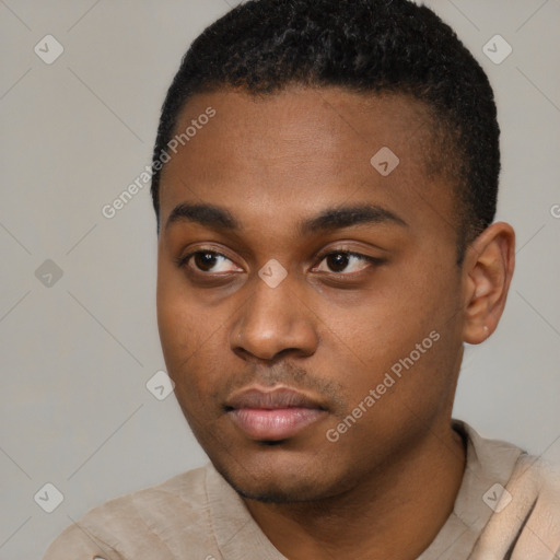 Neutral black young-adult male with short  black hair and brown eyes