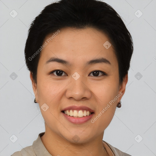 Joyful latino young-adult female with short  brown hair and brown eyes