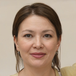 Joyful white adult female with medium  brown hair and brown eyes