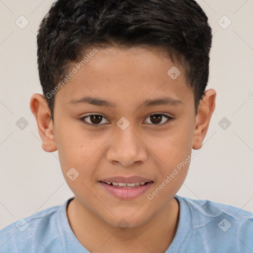 Joyful white child male with short  brown hair and brown eyes