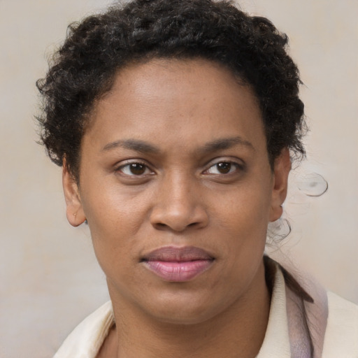 Joyful black adult female with short  brown hair and brown eyes