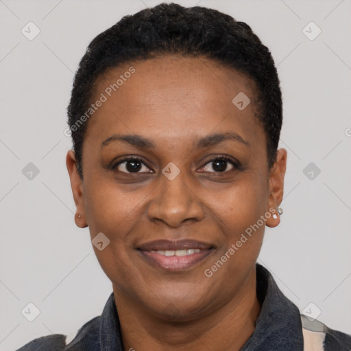 Joyful black adult female with short  black hair and brown eyes