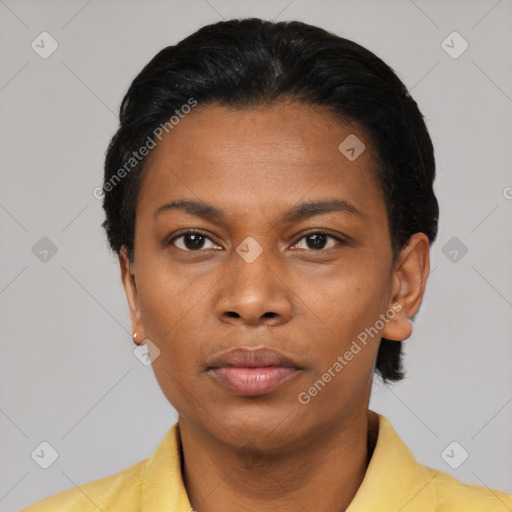 Neutral black young-adult female with short  black hair and brown eyes