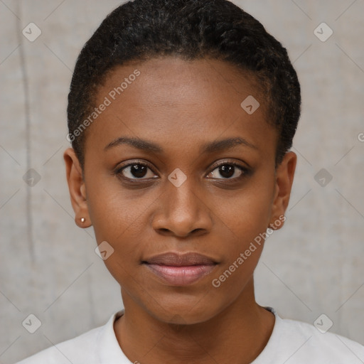 Joyful black young-adult female with short  brown hair and brown eyes