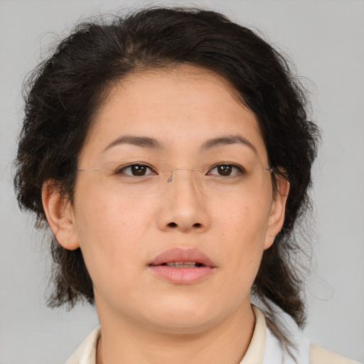 Neutral white adult female with medium  brown hair and brown eyes