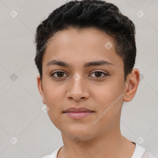 Joyful latino young-adult female with short  brown hair and brown eyes