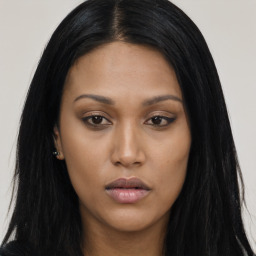 Neutral asian young-adult female with long  black hair and brown eyes