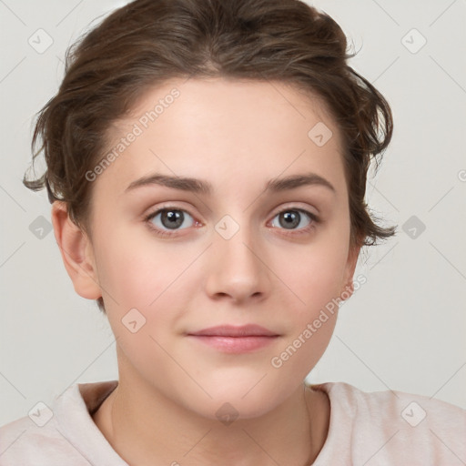 Neutral white young-adult female with medium  brown hair and brown eyes