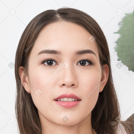 Neutral white young-adult female with long  brown hair and brown eyes