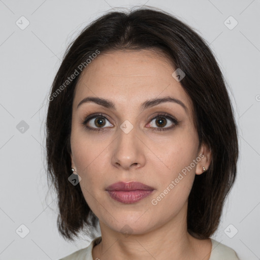 Neutral white young-adult female with medium  brown hair and brown eyes