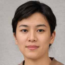 Neutral asian young-adult female with short  brown hair and brown eyes