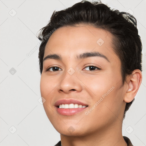 Joyful white young-adult female with short  brown hair and brown eyes